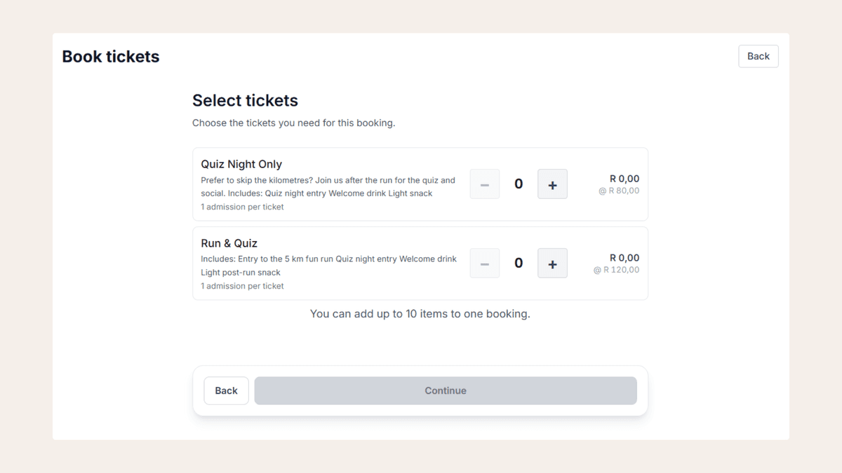 Bookaroo Ticket Selection Screen